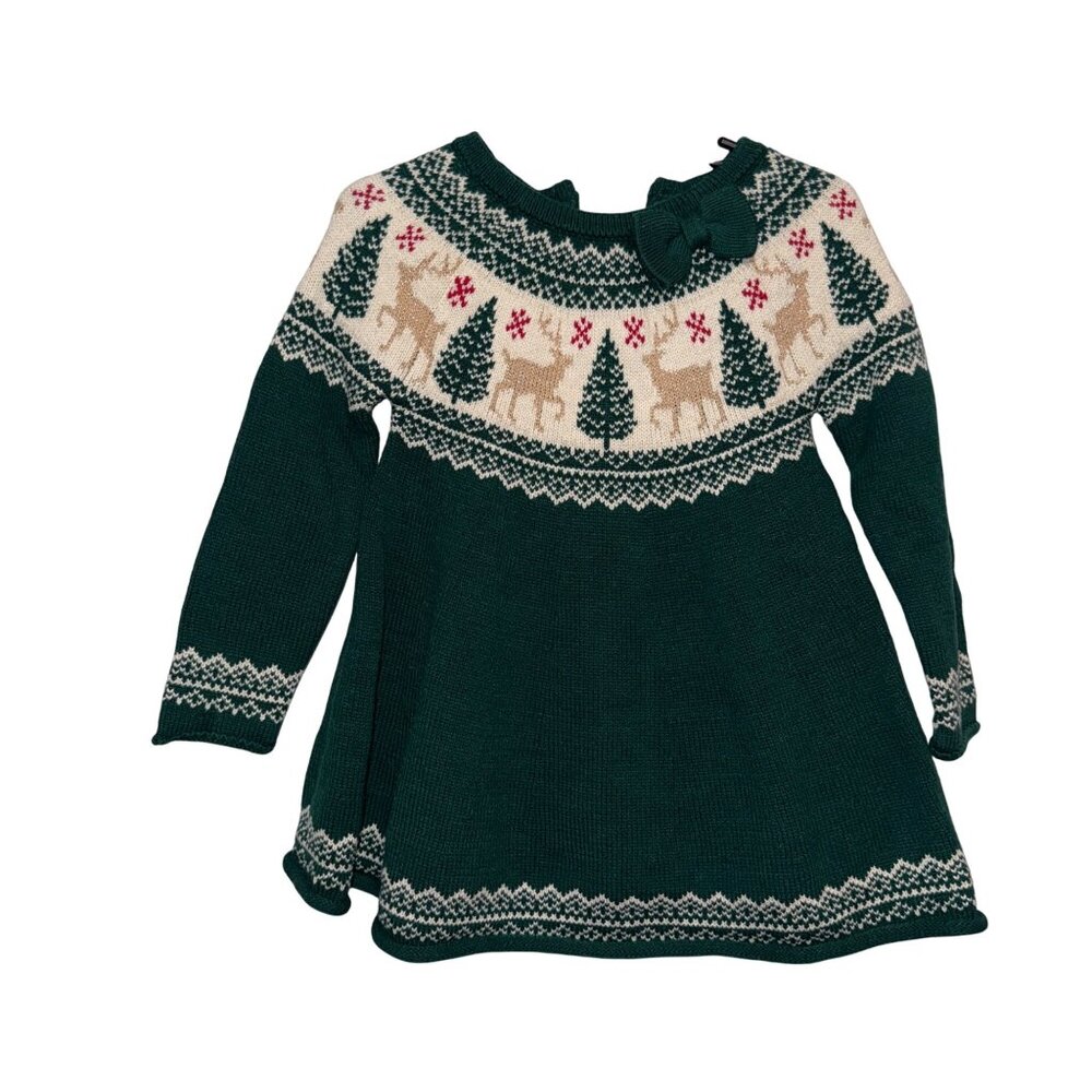 Tahari Baby Girls Green Knit Sweater Dress W/Reindeer & Tree Fair Isle Pattern